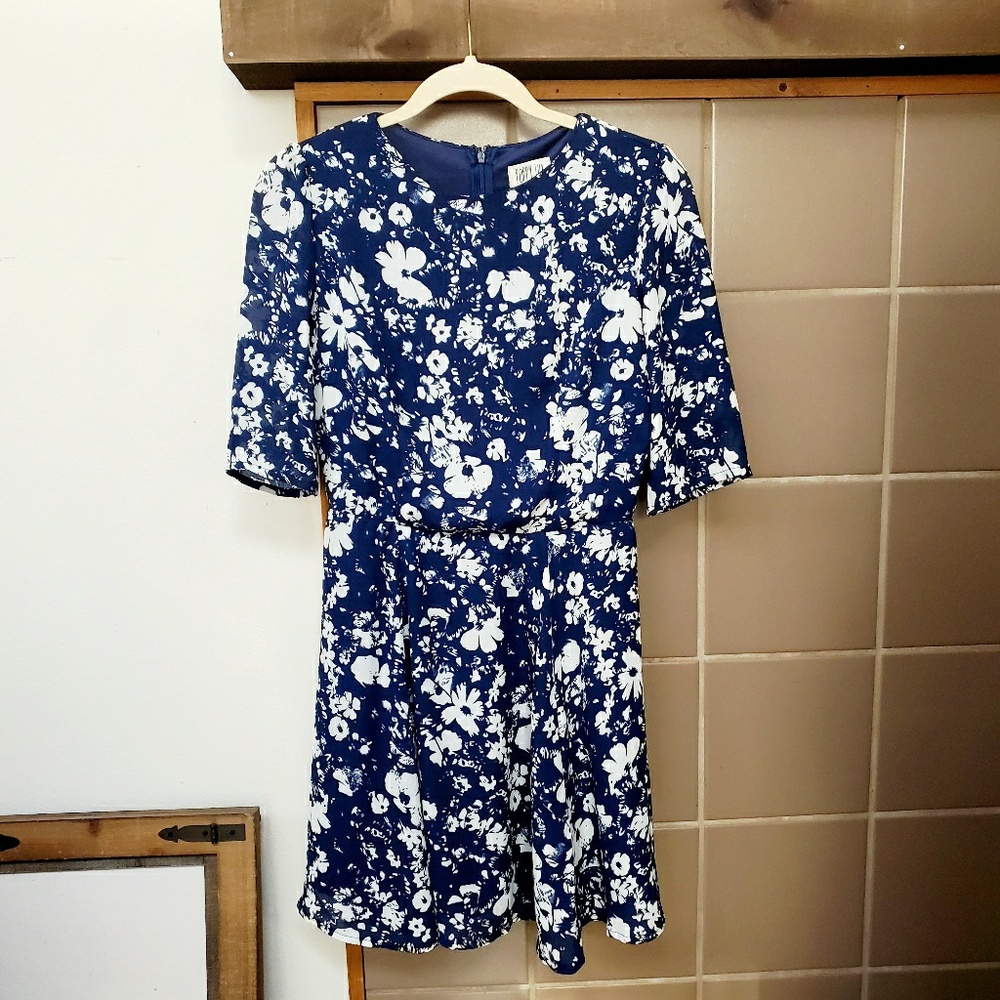Poppy Lux Blue / White Floral Print Chiffon Dress